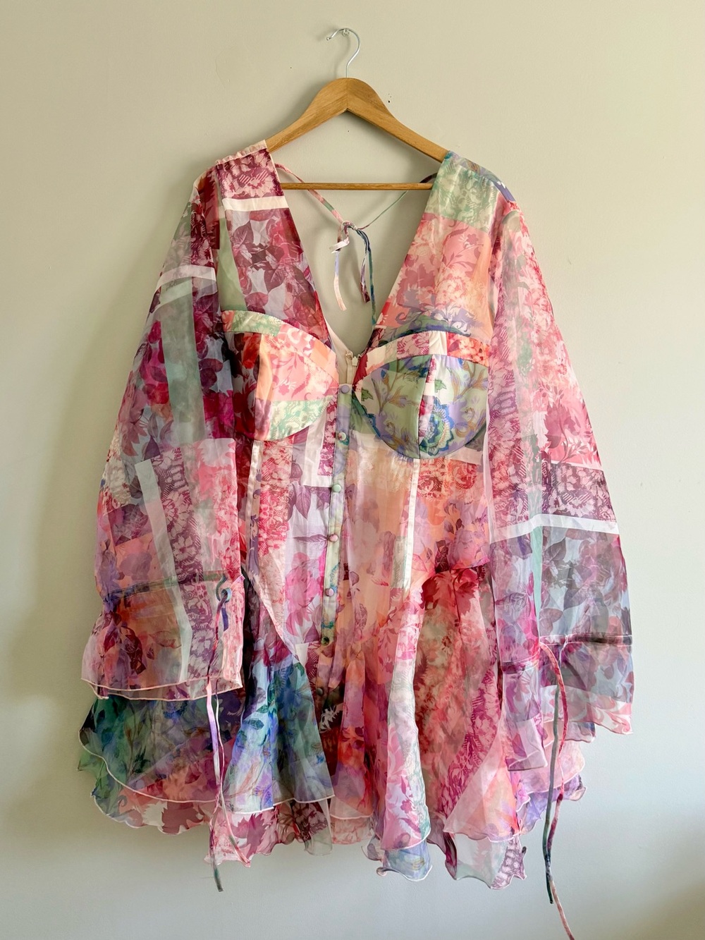 ASOS Floral Pink Sheer Bell-Sleeve Mini Dress - Picture 3 of 7